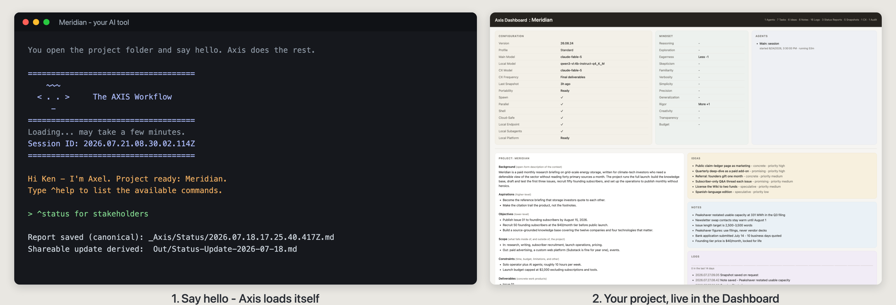 A session starting in the terminal beside the Axis project dashboard